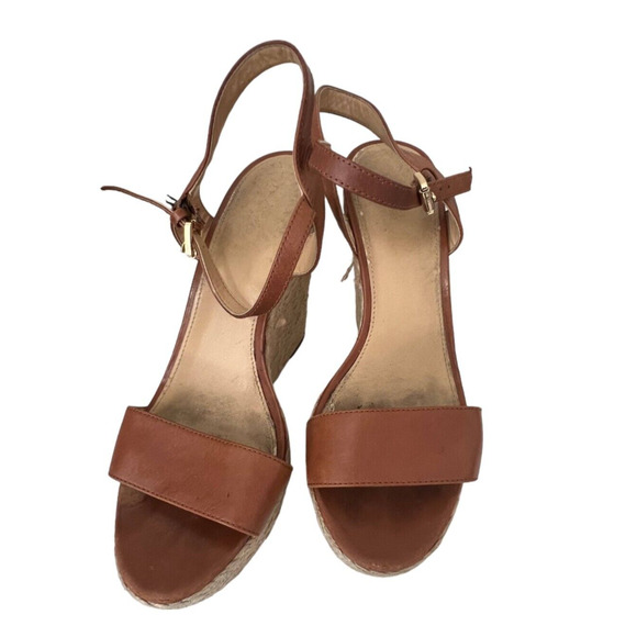 Michael Kors Espadrille Wedge Womens Cognac Leather Ankle Strap Buckle Size 8M - Picture 2 of 7